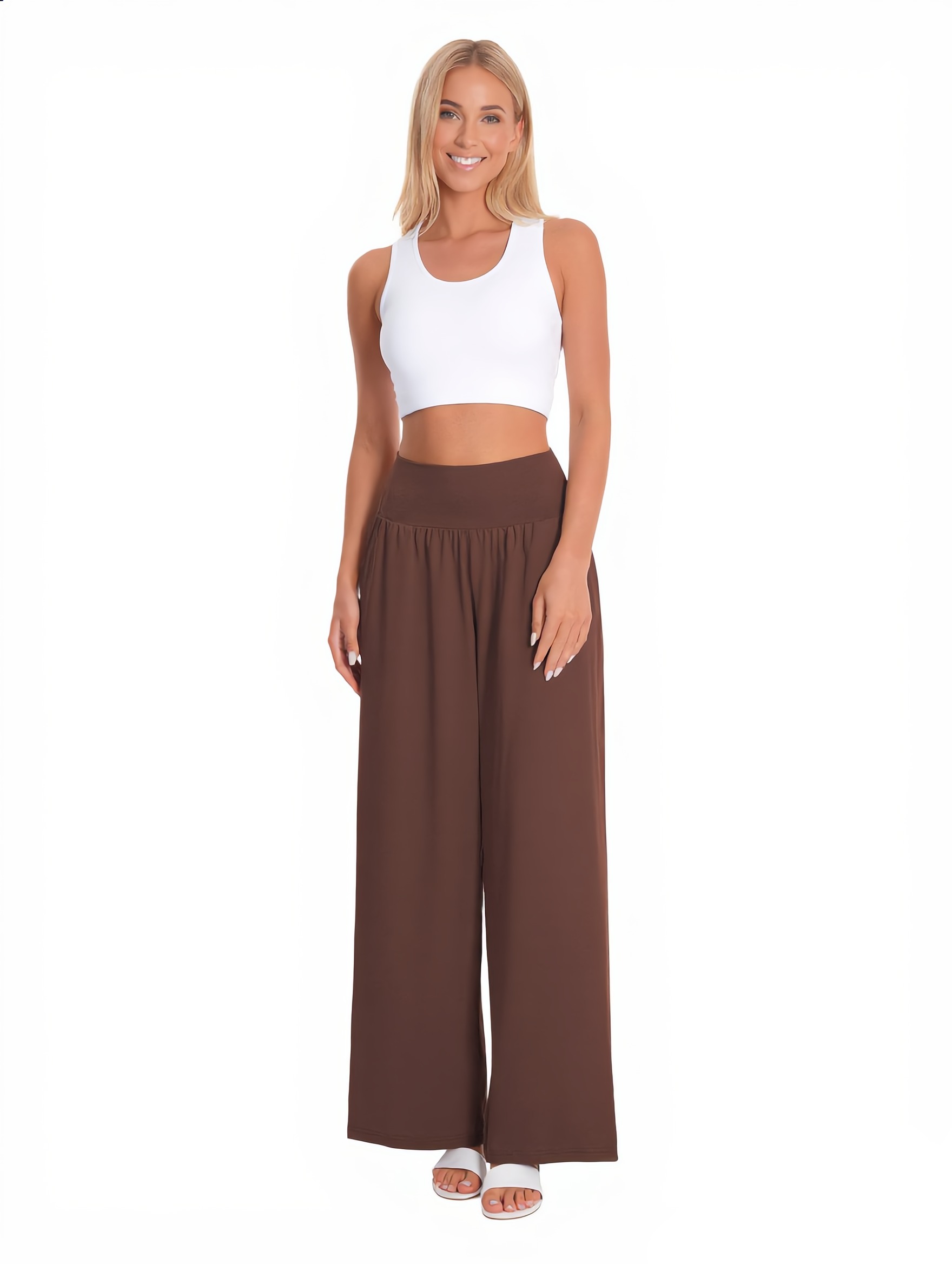 Wide-Leg Yoga Pants in Light Coffee — The Waistband Comfort Edit style look